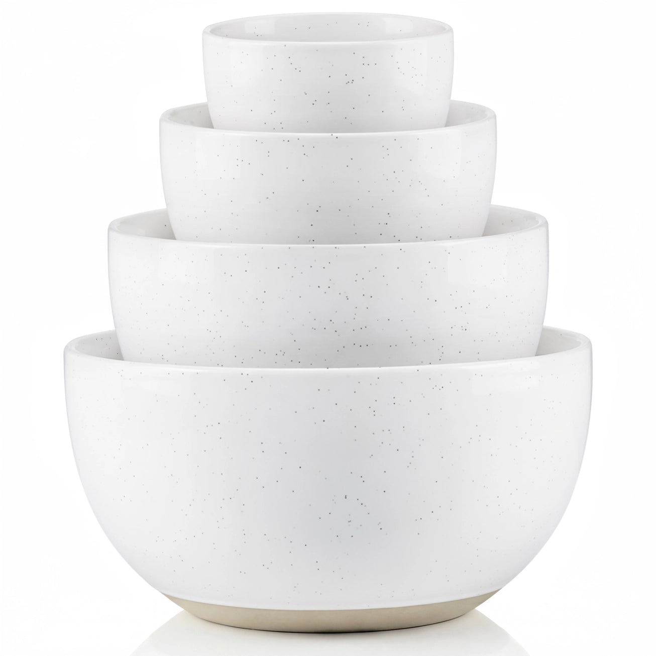 A set of four nested ceramic bowls in white with subtle gray speckles and a natural beige base, shown on a clean white background.