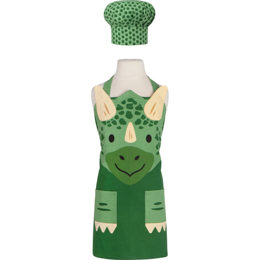 Let your little ones step into the kitchen with a smile in the Dino Apron &amp; Hat Set! Featuring an adorable green triceratops design, this set is perfect for budding chefs. The adjustable neck and waist ties ensure a comfortable and secure fit, while the matching hat adds an extra touch of fun and flair to their cooking adventures. 