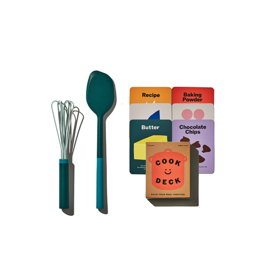 This set includes The (mini) Air Whisk for fluffy mixes, The (mini) Spatula for stirring and scraping, and The Cook Deck, a playful cooking card game to spark creativity in the kitchen. Made from BPA-free, food-safe materials and perfectly sized for small hands, these dishwasher-safe tools make cooking fun, safe, and easy for the whole family!