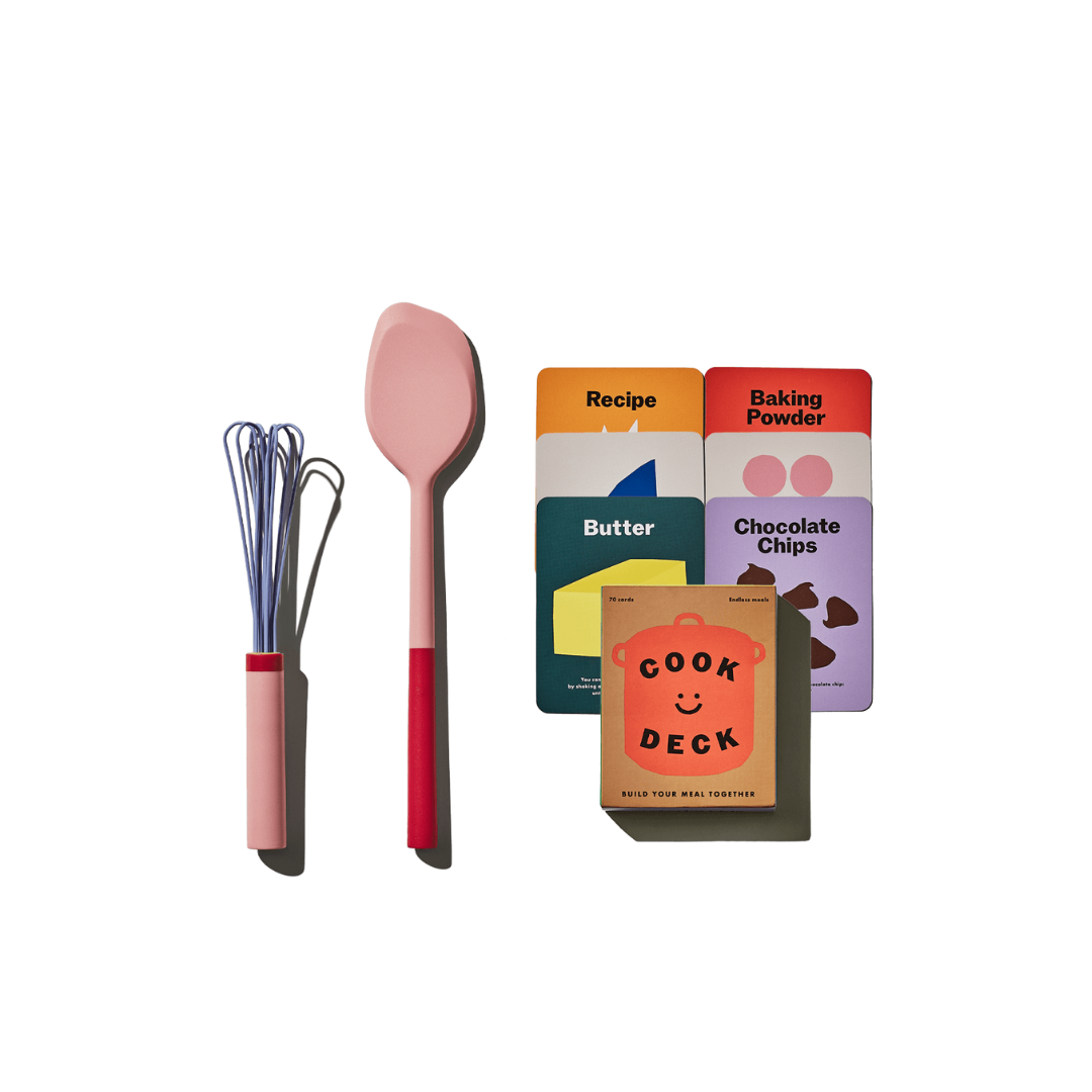 This set includes The (mini) Air Whisk for fluffy mixes, The (mini) Spatula for stirring and scraping, and The Cook Deck, a playful cooking card game to spark creativity in the kitchen. Made from BPA-free, food-safe materials and perfectly sized for small hands, these dishwasher-safe tools make cooking fun, safe, and easy for the whole family!