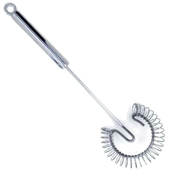 Metallic whisk with a wide wire bristle end on a white background