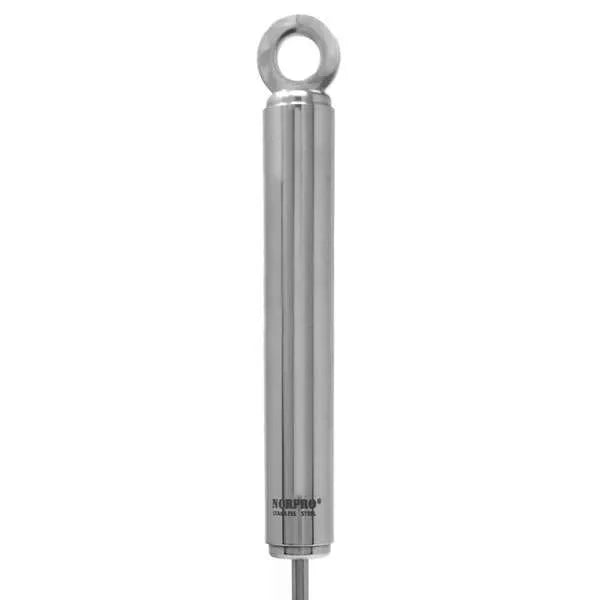 A polished stainless steel handle with a circular eyelet at the top.