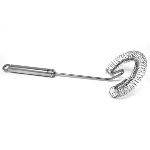 A stainless steel whisk with a long handle and a coiled spiral head, shown on a plain white background.