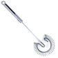 Metallic whisk with a wide wire bristle end on a white background