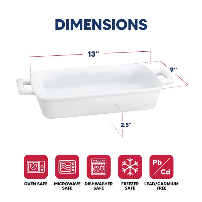 White rectangular ceramic baking dish with handles, shown with dimension lines indicating 13 inches long, 9 inches wide, and 2.5 inches deep.