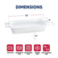 White rectangular ceramic baking dish with handles, shown with dimension lines indicating 13 inches long, 9 inches wide, and 2.5 inches deep.