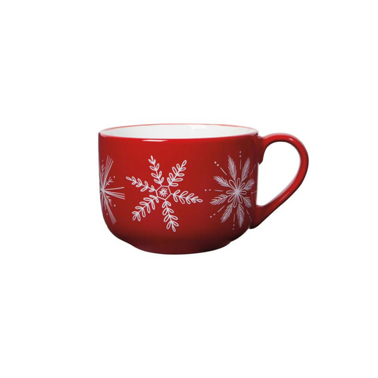 Snowflakes Latte Mug! Perfectly oversized for those long, leisurely coffee moments, this mug features a festive snowflake design on the outside and a sleek, plain interior.