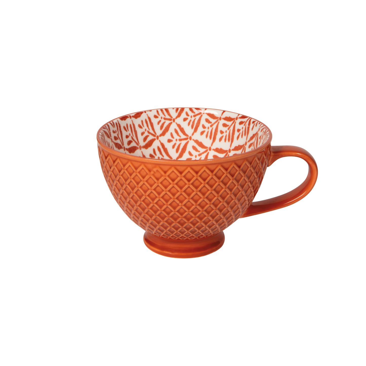 Orange textured mug with white interior pattern on a white background