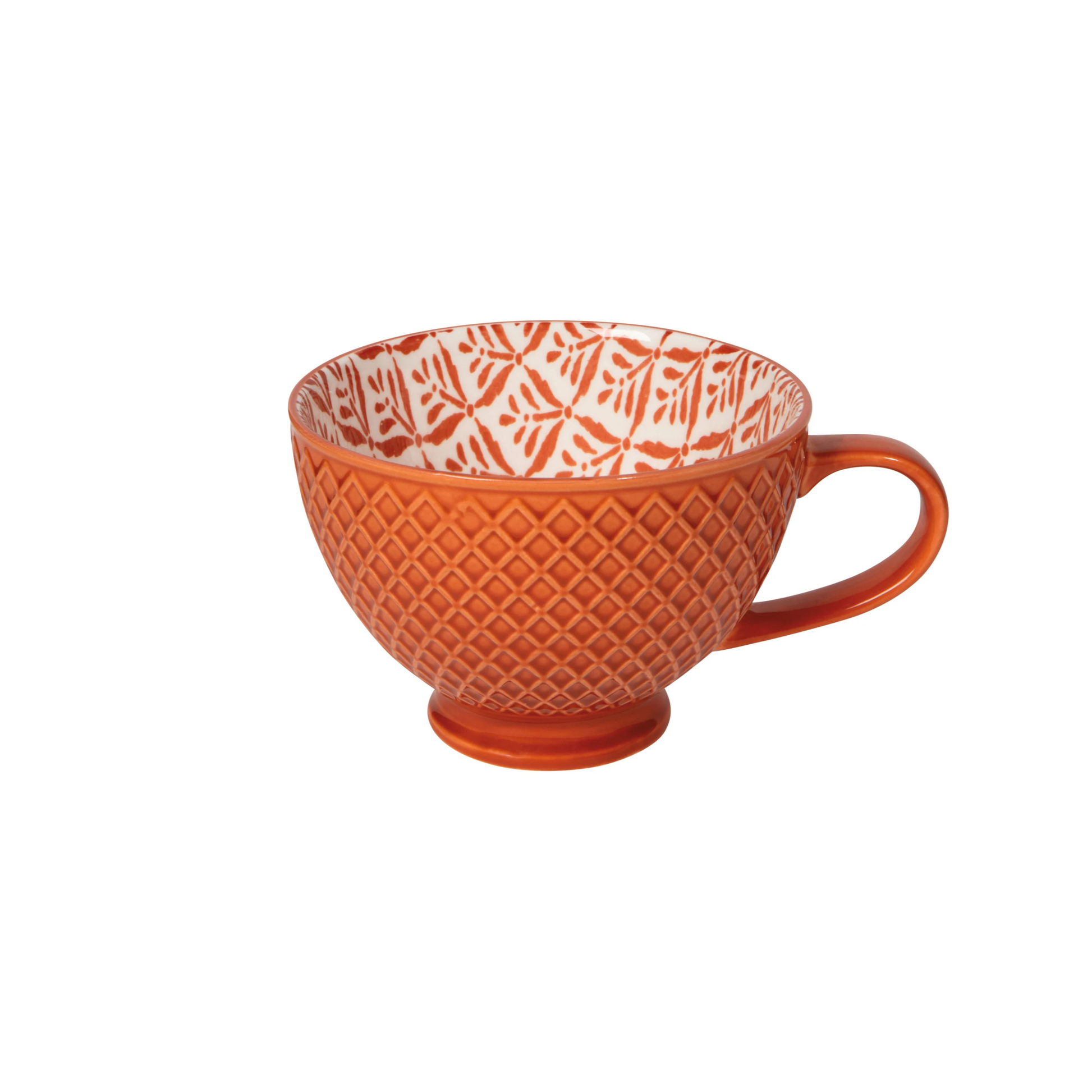 Orange textured mug with white interior pattern on a white background