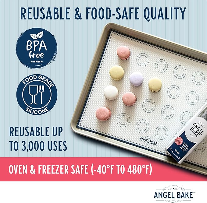 Baking tray with colorful cookies and Angel Bake branding on a light blue background