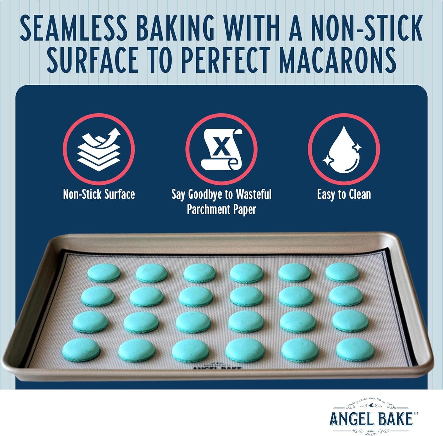 Baking tray with turquoise macarons and text about non-stick surface, wasteless parchment paper, and easy cleaning.