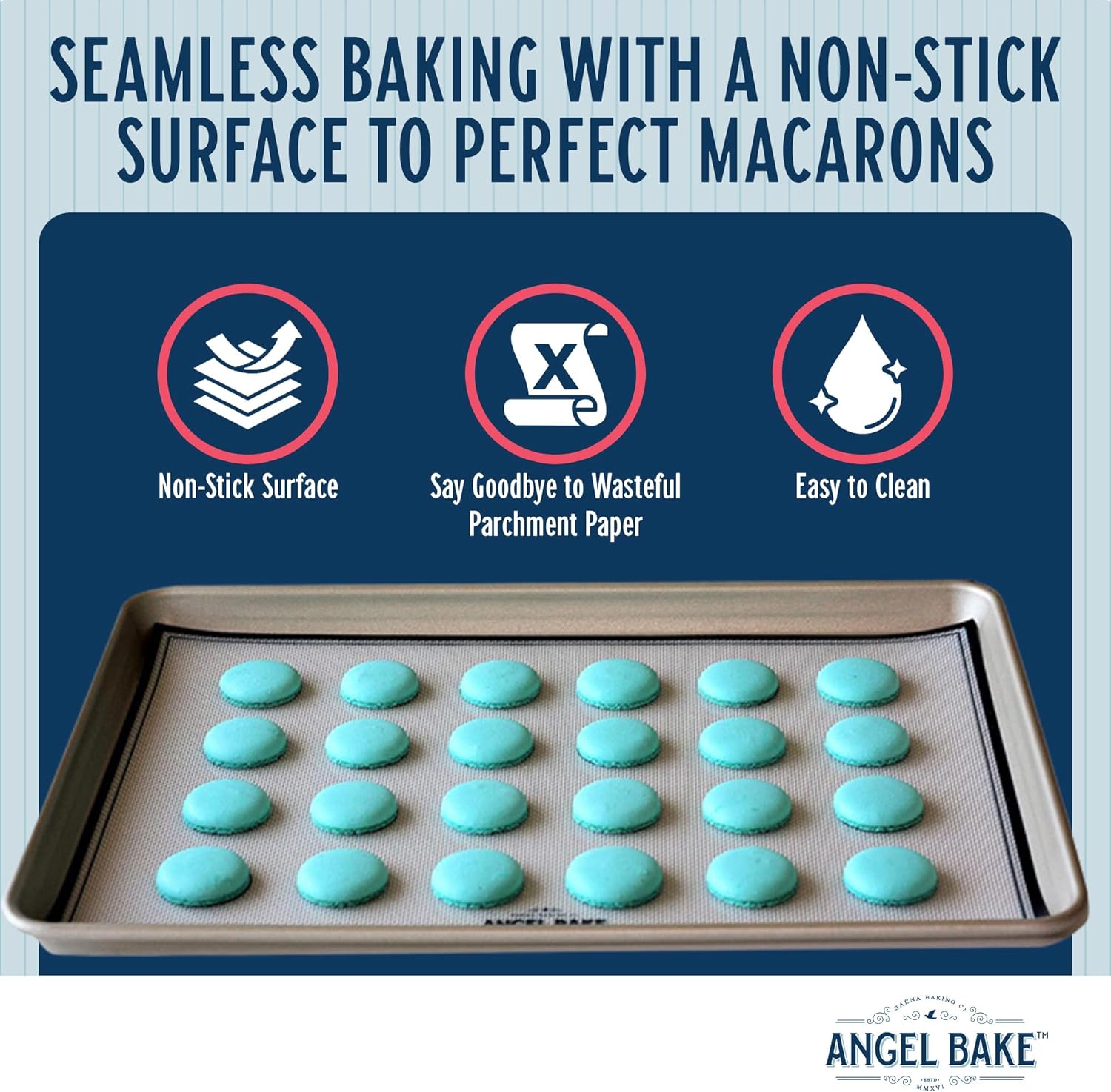 Baking tray with turquoise macarons and text about non-stick surface, wasteless parchment paper, and easy cleaning.