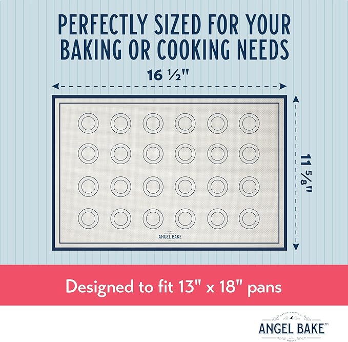 Baking mat with circular outlines for 18 muffin tins, dimensions, and Angel Bake branding.