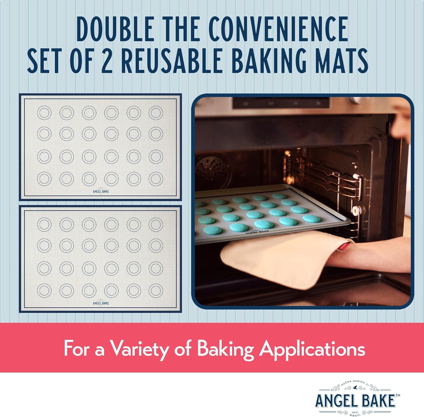 Reusable baking mats with text about convenience and baking applications, featuring Angel Bake branding.