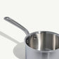 A stainless steel saucepan with a long handle, set against a white background.
