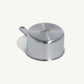 A stainless steel saucepan with a long handle, set against a white background.