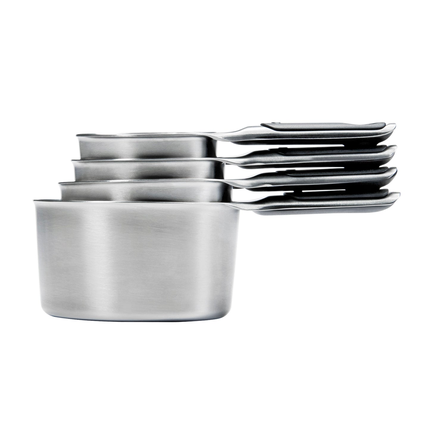 A set of four nested stainless steel measuring cups with handles, shown on a plain white background.