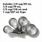 Set of 4 silver measuring cups with measurments on a white background
