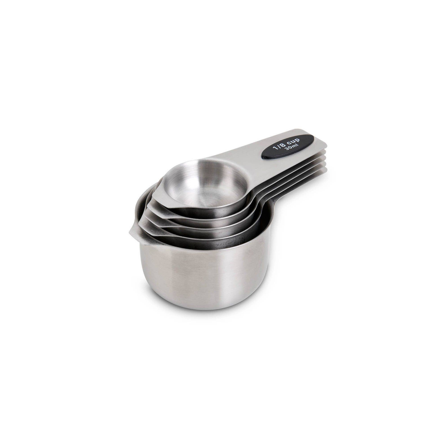 Set of stainless steel measuring cups on a white background