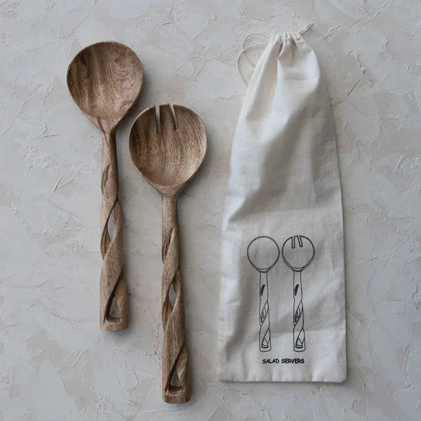 Salad Servers w/ Twisted Handles - Set of 2 Mango Wood with cotton bag