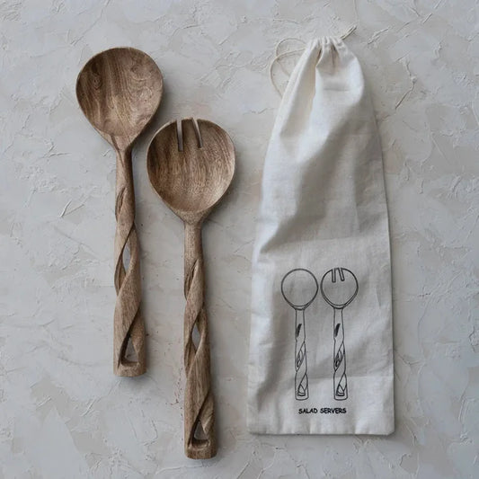 Salad Servers w/ Twisted Handles - Set of 2 Mango Wood with cotton bag