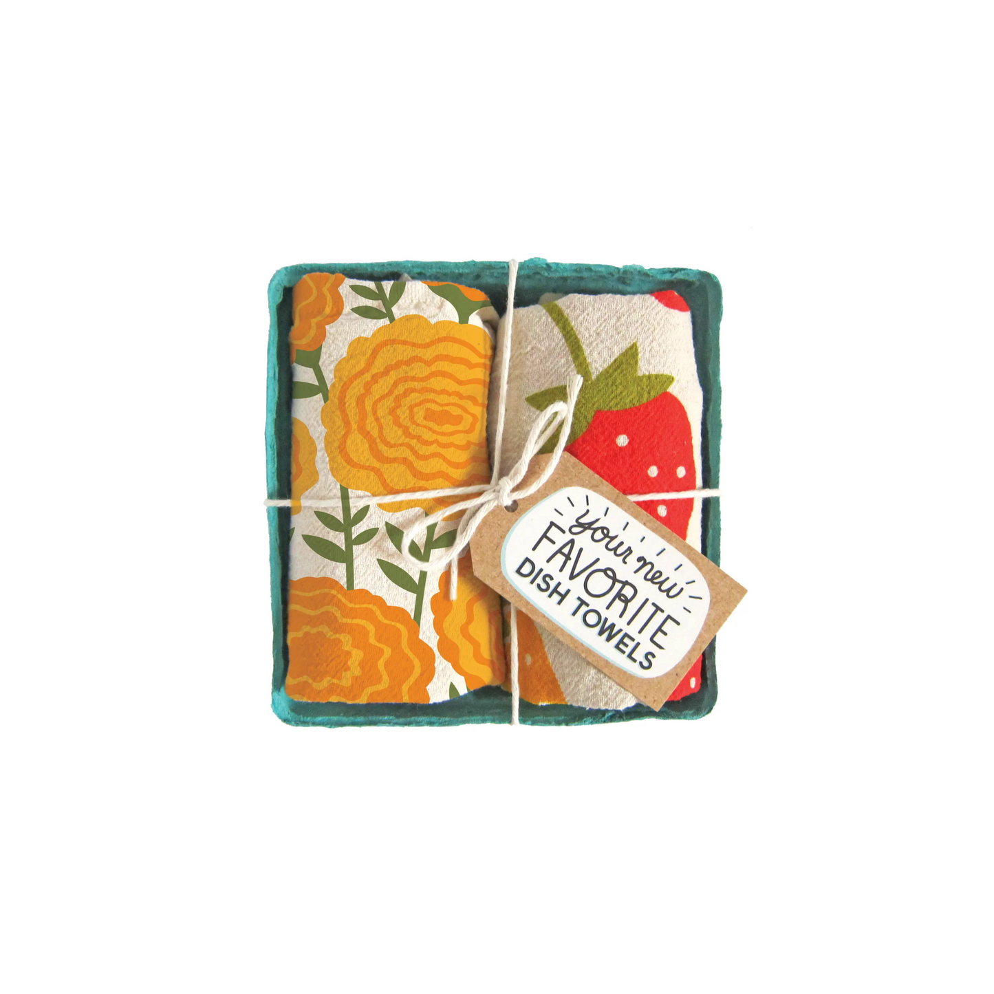 This charming dish towel gift set is ready to brighten up any kitchen! The Mari Berry Set includes two 100% cotton, unbleached towels in vibrant designs: Marigolds &amp; Strawberries.
