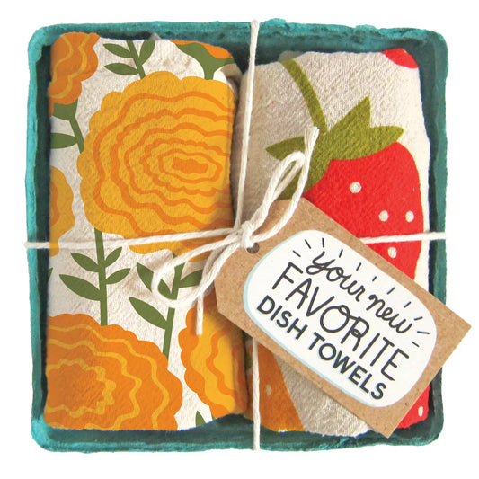 This dish towel gift sets are packaged up ready for gifting! The Mari Berry set contains 2 100% cotton, unbleached kitchen towels: Marigolds & Strawberries