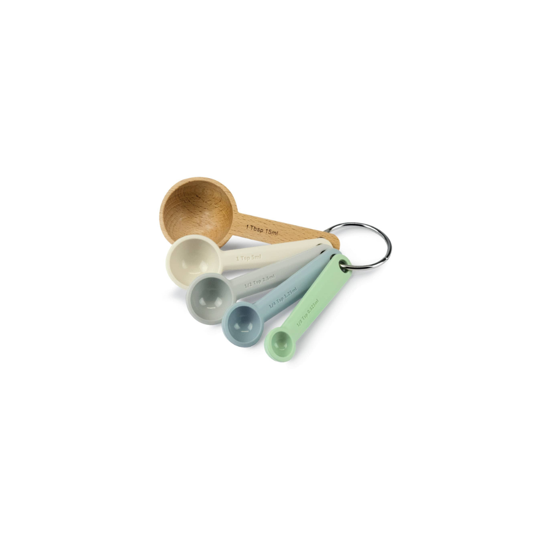 The Coastal Measuring Spoons set combines contemporary silicone hues with classic beech wood for a stylish and functional kitchen essential. This set of five nesting spoons (1/8 tsp, ¼ tsp, ½ tsp, 1 tsp, and 1 tbsp) features both imperial and metric measurements, ensuring accuracy for all your cooking and baking needs. 