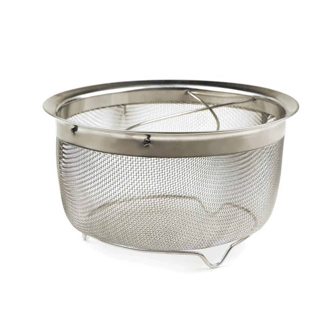 This lightweight and versatile 3 quart stainless steel mesh basket functions as a steamer, strainer or frying basket. Handles can fold down across the top making it easy to lift in and out of the pot when cooking. Perfect size to fit most multi-use electric pressure cookers, measures 8 inches by 4.75-inches tall. Made of durable fine mesh stainless steel is popularly used in pressure cookers.