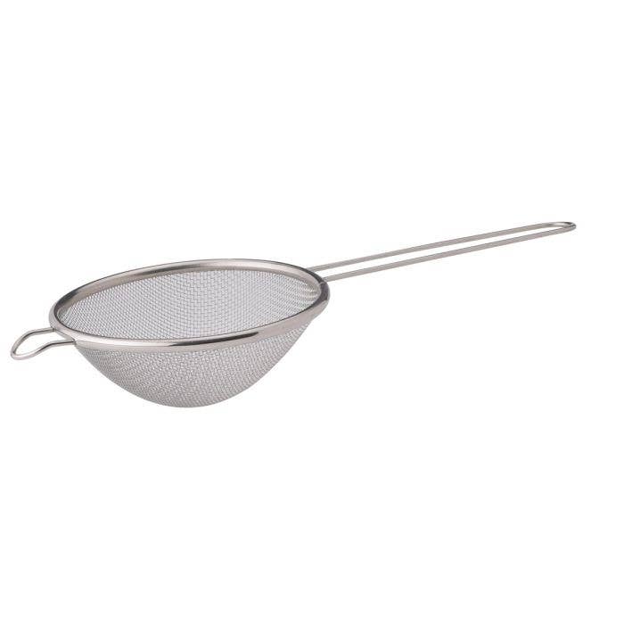 Metal mesh strainer with handle on a white background
