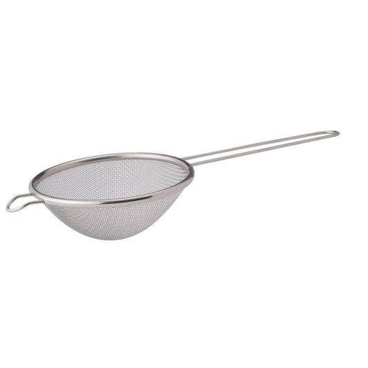 Metal mesh strainer with handle on a white background
