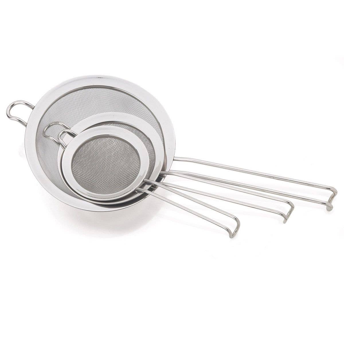 Set of metal mesh strainers on a white background