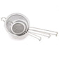 Set of metal mesh strainers on a white background