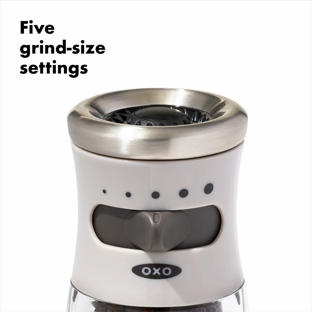 Close up of pepper grinder with 5 grind settings. 