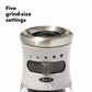Close up of pepper grinder with 5 grind settings. 