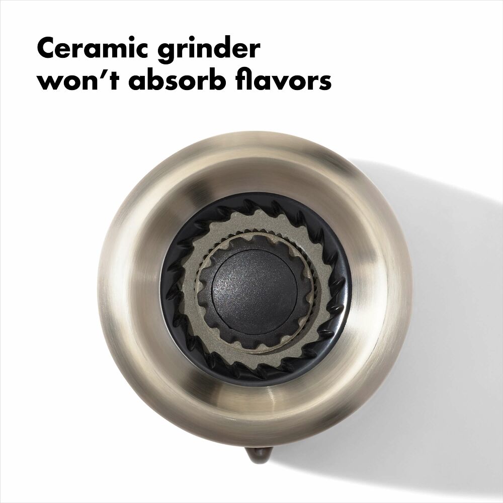 Close up of ceramic grinder on salt grinder. 