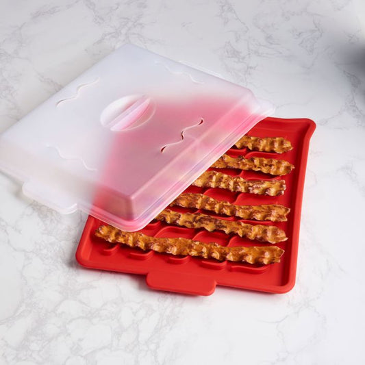 Red silicone Microwave Bacon Tray with band and with Cover on a white surface