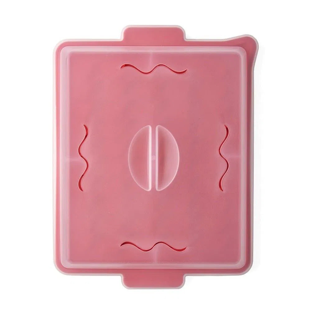 Red silicone Microwave Bacon Tray with Cover closed on a white background