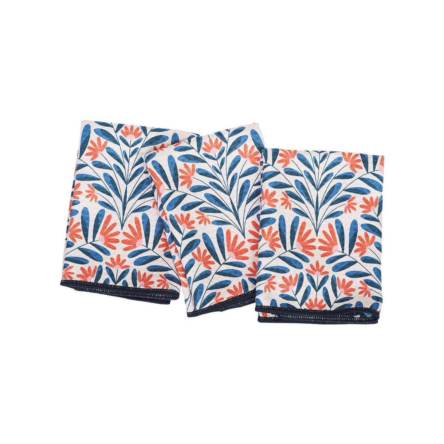 Three folded towels with a floral pattern on a white background