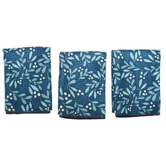 Three blue patterned towels on a white background