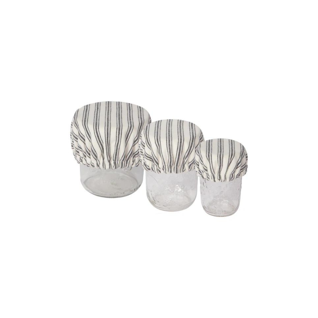 he Ticking Stripe Mini Bowl Covers by Now Designs! This set of three charming covers in beige and gray stripes not only extends the life of your food but also adds a touch of flair to your kitchen. 