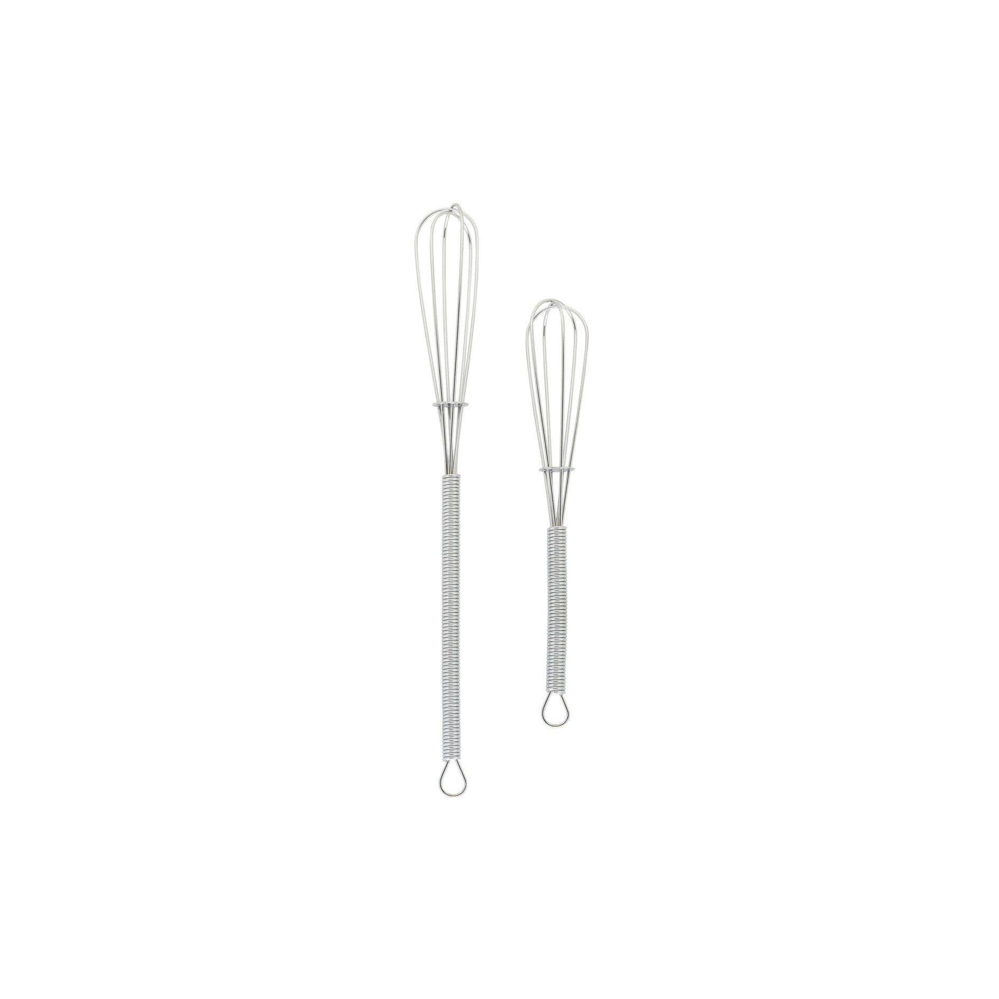Two metal whisks on a white background