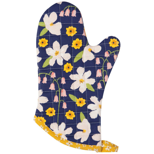 Floral-patterned oven mitt on a white background