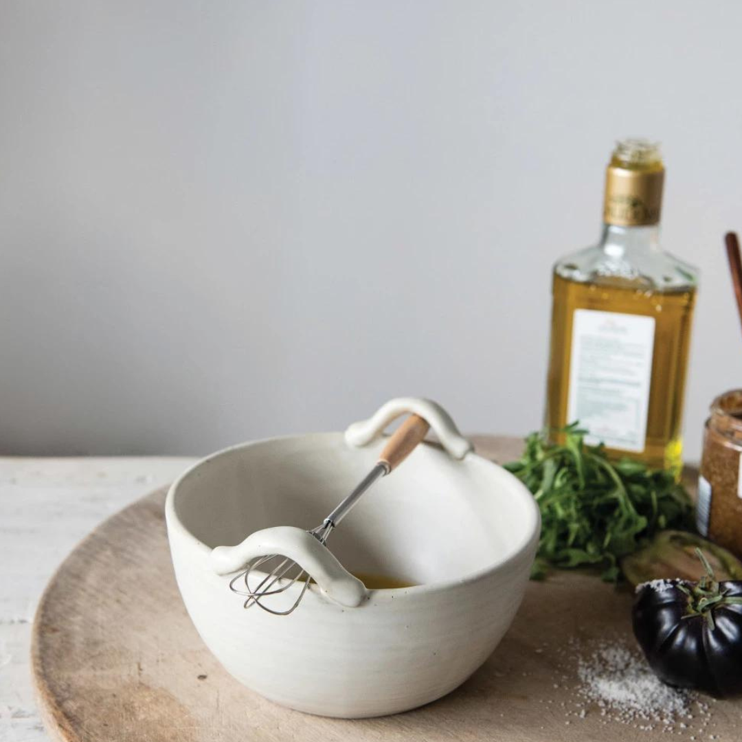 Stoneware Bowl w/ Wood & Metal Whisk - 2 Piece Set