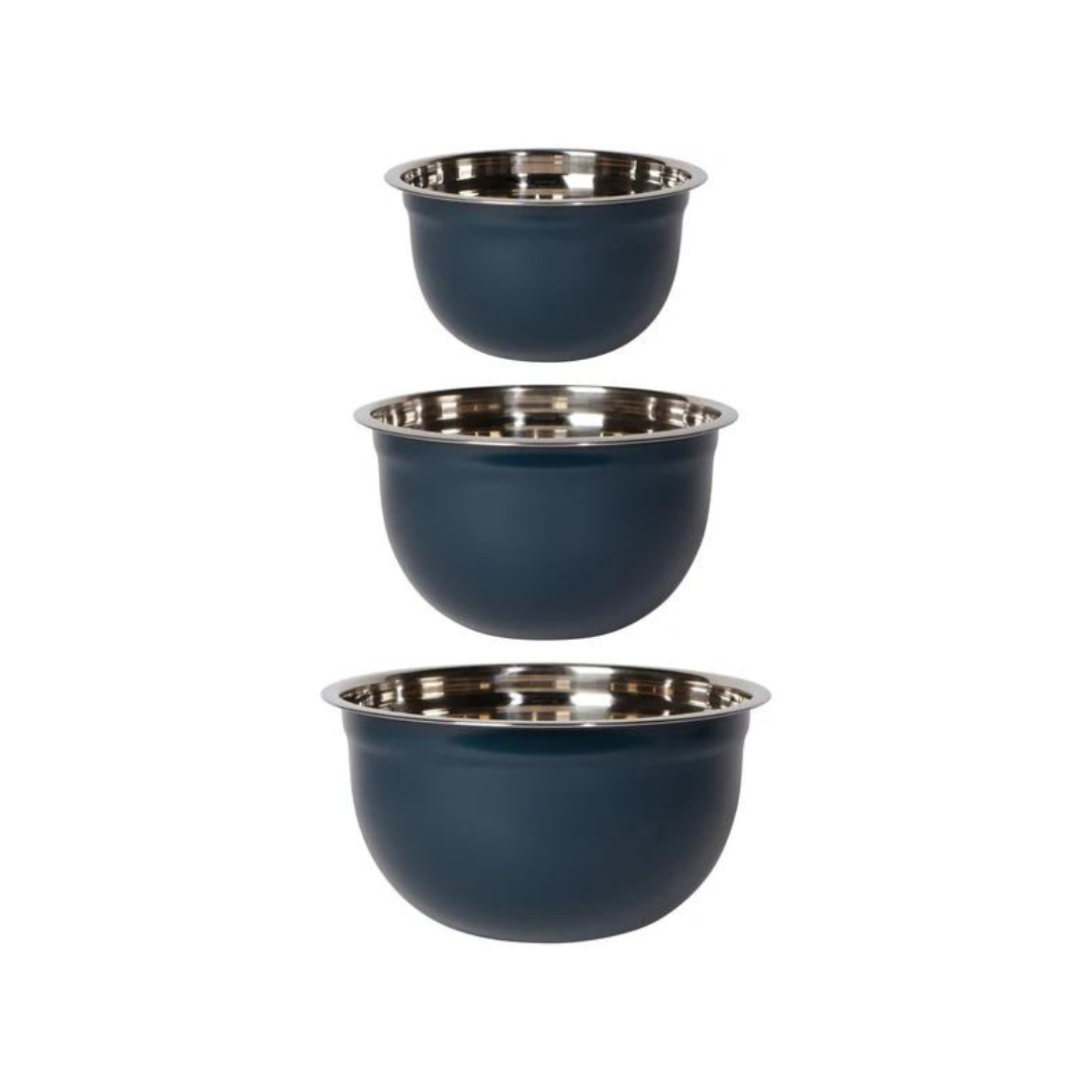 hese colored nesting mixing bowls are a kitchen essential! Perfect for prepping, mixing, or serving, this set of three stainless steel bowls in a stunning matte ink blue finish will add a touch of elegance to your culinary adventures