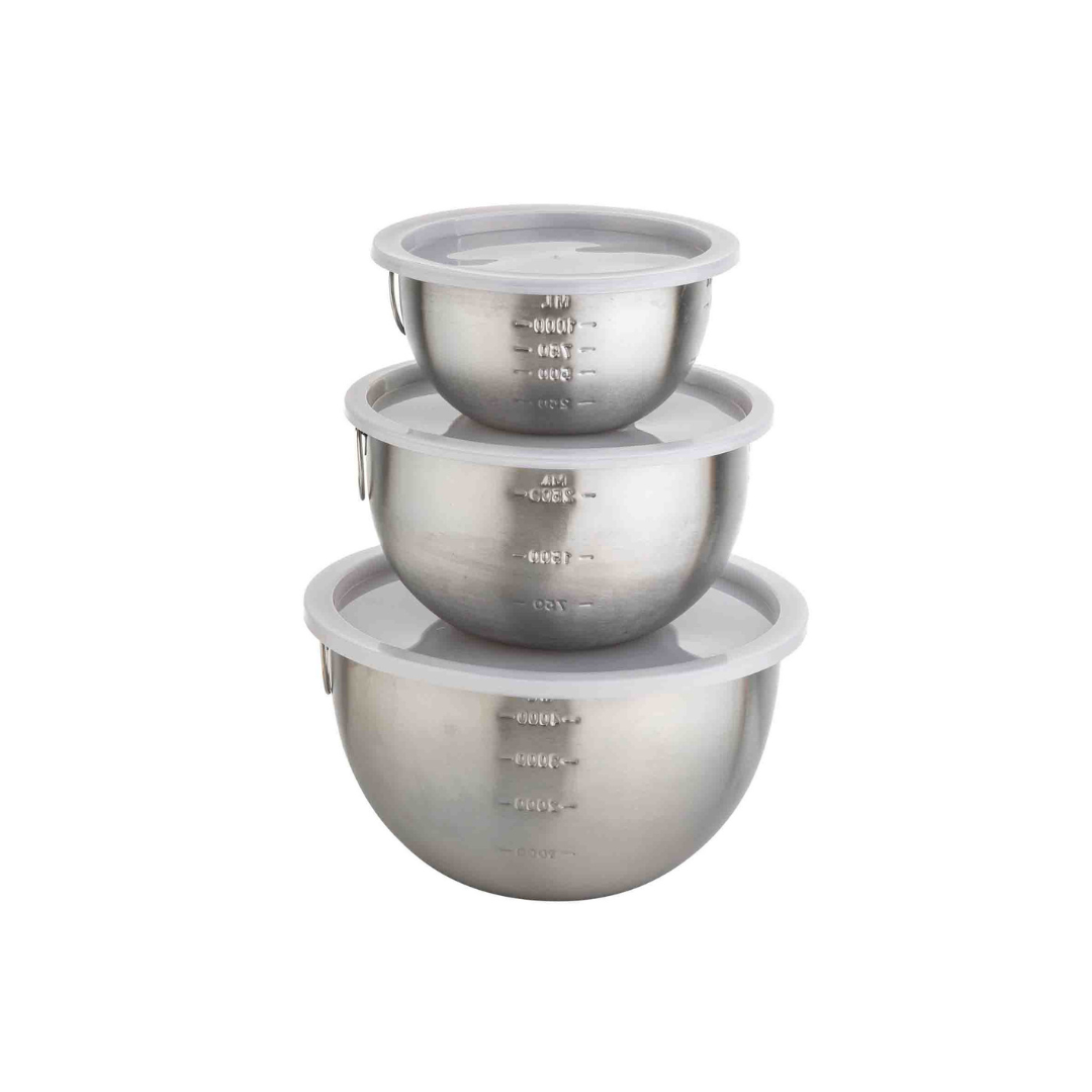 This professional-quality 6-piece set includes three versatile bowls and three matching lids, perfect for blending, mixing, and whipping ingredients for all your baking and cooking needs. The bowls are stamped with measurements for easy reference and nest together for convenient, compact storage.