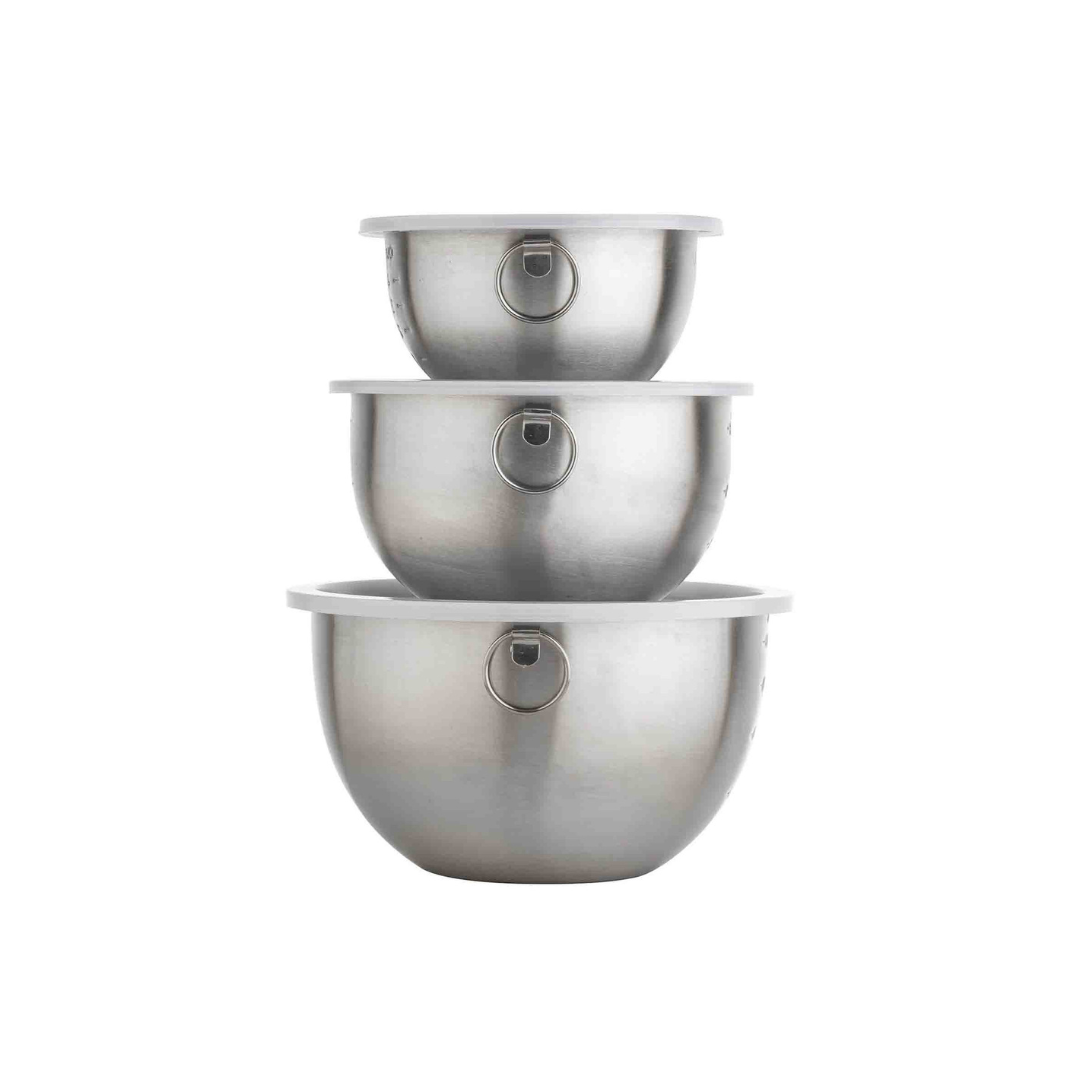 This professional-quality 6-piece set includes three versatile bowls and three matching lids, perfect for blending, mixing, and whipping ingredients for all your baking and cooking needs. The bowls are stamped with measurements for easy reference and nest together for convenient, compact storage.