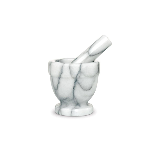 Marble-patterned mortar and pestle on a white background