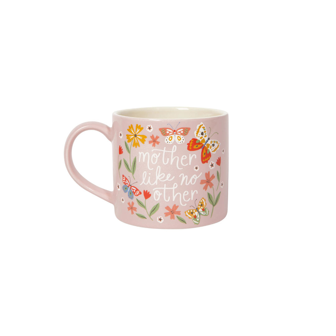 Celebrate the one-of-a-kind mom in your life with this beautiful pink stoneware mug, adorned with a charming garden print of flowers and butterflies and the heartfelt message, "Mother Like No Other." Perfect for morning coffee or cozy tea time, this 14 oz mug is both dishwasher and microwave-safe for everyday convenience.