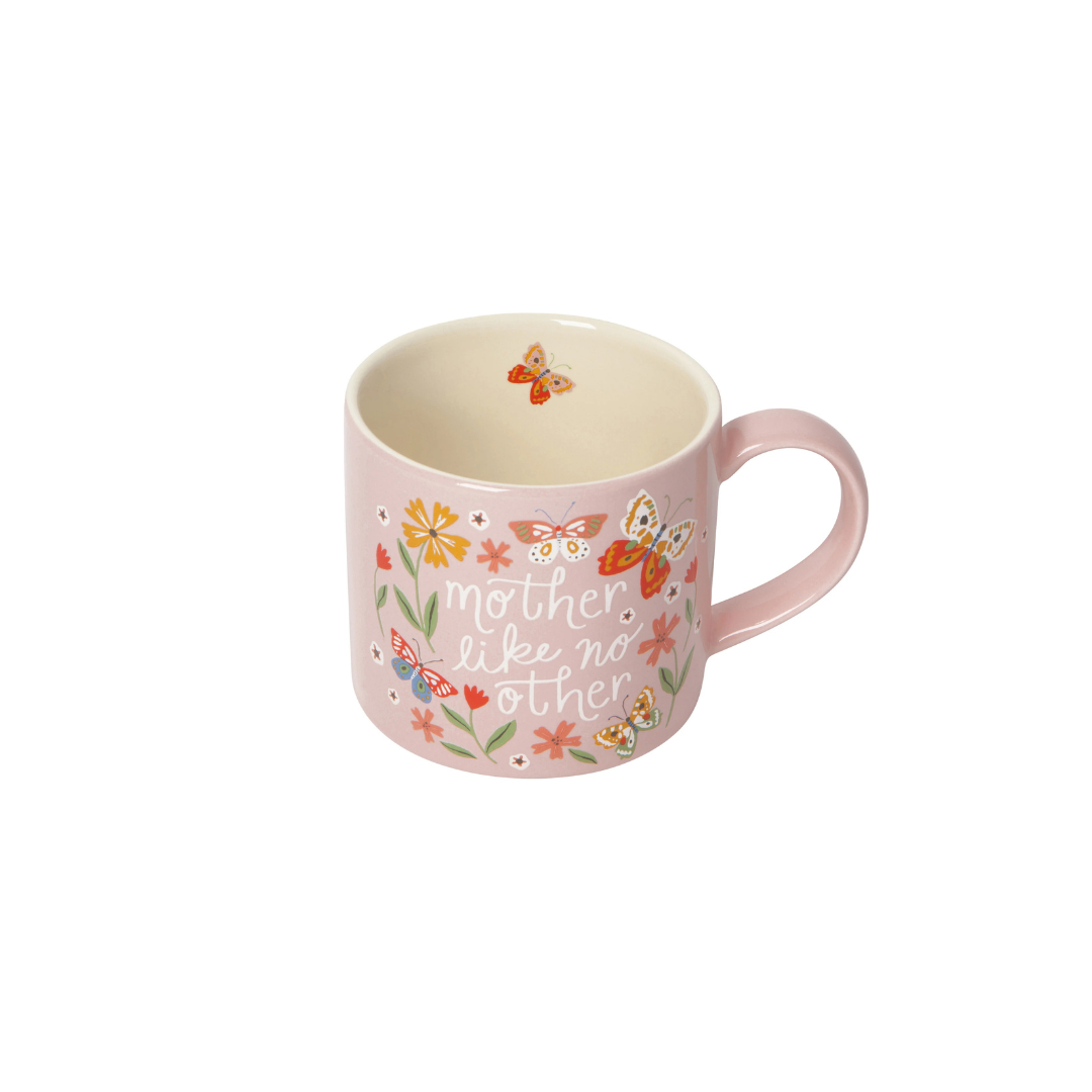 Celebrate the one-of-a-kind mom in your life with this beautiful pink stoneware mug, adorned with a charming garden print of flowers and butterflies and the heartfelt message, "Mother Like No Other." Perfect for morning coffee or cozy tea time, this 14 oz mug is both dishwasher and microwave-safe for everyday convenience.